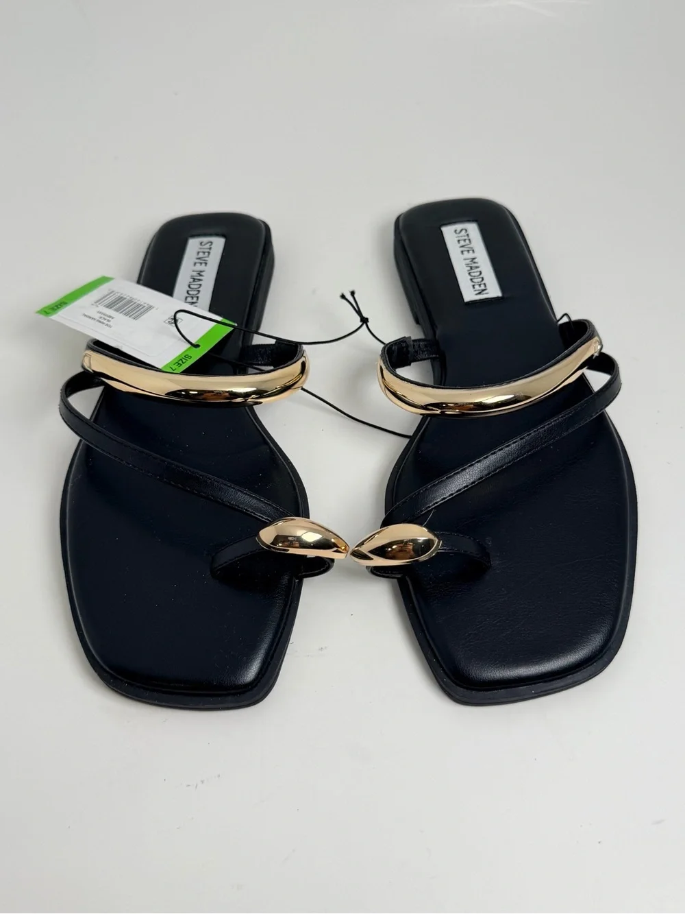 Steve Madden Black Sandal with Gold Metal Hoop and Toe Ring